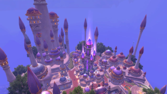 A screenshot of the flying city, Dalaran, above the Broken Isles, from World of Warcraft: Legion.